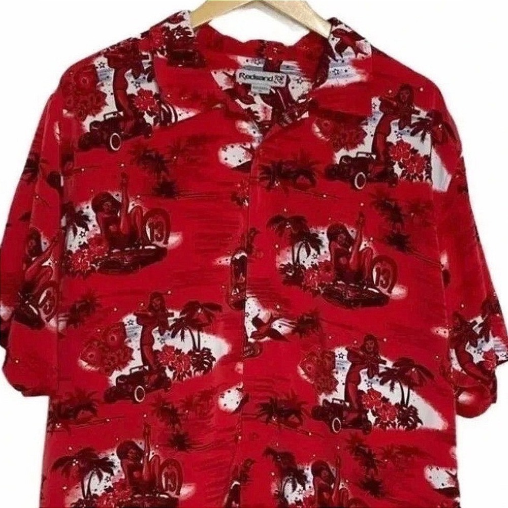 Redsand Button Down Shirt XL Red Rockabilly‎ Pinup Girl Hot Rod Hawaiian Camp